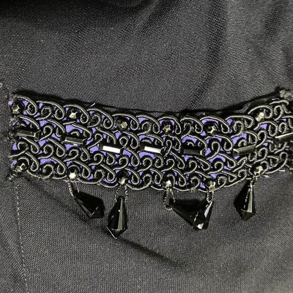 Vintage Top Blouse Womens Black Medium Formal Crepe Bead Trim Back Button Boxy - Picture 5 of 6
